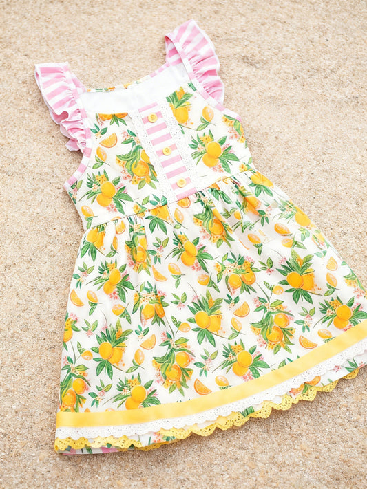 ( Moq 5 ) Preorder Baby Girls Short Sleeves Lemons Buttons Ruffle Knee Length Dress