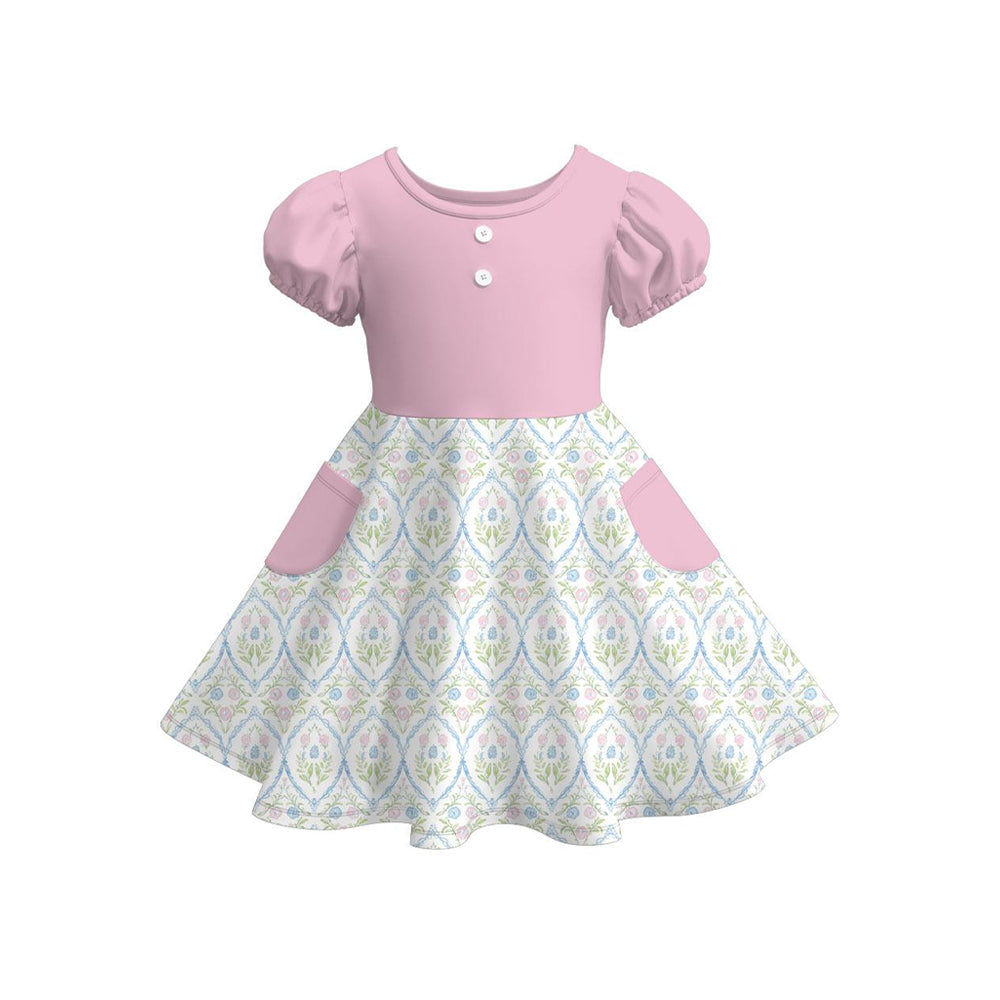 ( Moq 5 ) Preorder Baby Girls Pink Short Sleeves Flower Pockets Knee Length Dress