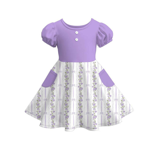 ( Moq 5 ) Preorder Baby Girls Lavender Short Sleeves Floral Bows Pockets Knee Length Dress