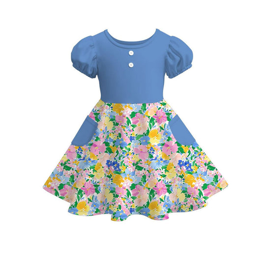 ( Moq 5 ) Preorder Baby Girls Blue Short Sleeves Flower Pockets Knee Length Dress