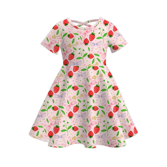 ( Moq 5 ) Preorder Baby Girls Short Sleeves Bows Strawberry Knee Length Dress