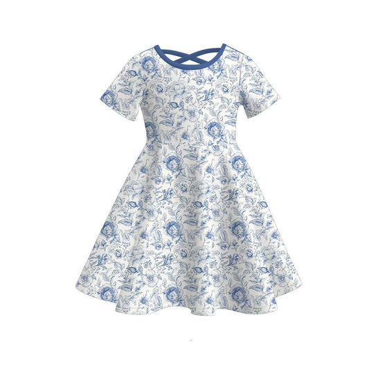 ( Moq 5 ) Preorder Baby Girls Short Sleeves Blue Flower Knee Length Dress