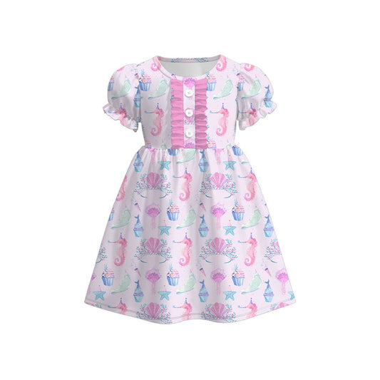 ( Moq 5 ) Preorder Baby Girls Short Sleeves Sea Animals Pink Ruffle Knee Length Dress