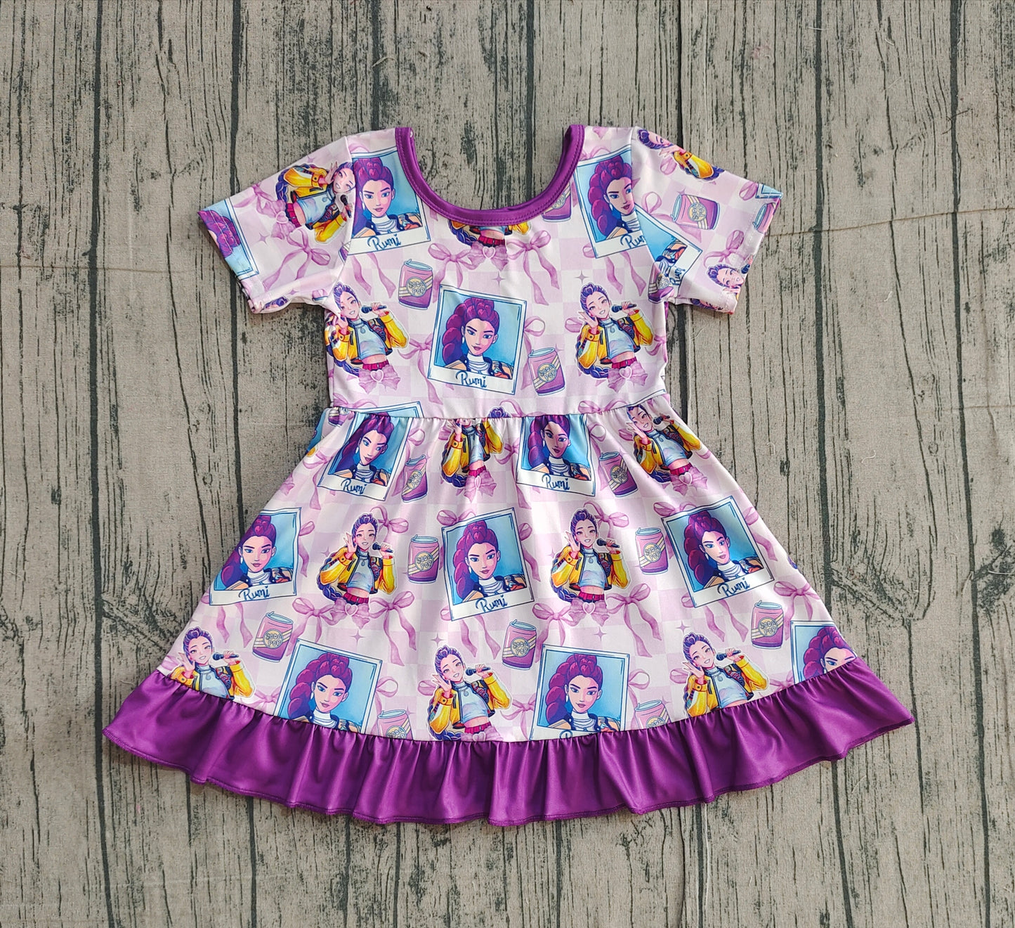 Baby Girls Short Sleeves Singer Characters Purple Bows Ruffle Knee Length Dress RTS