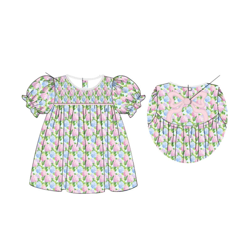 ( Moq 5 ) Preorder Baby Girls Kids Short Sleeves Flowers Bow Knee Length Dress
