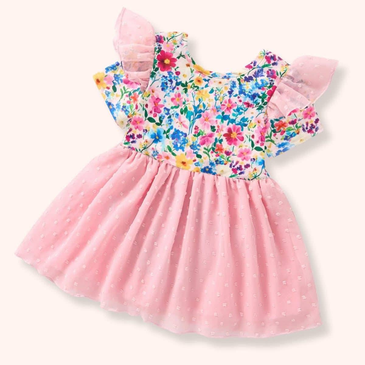 ( Moq 5 ) Preorder Baby Girls Short Sleeves Floral Pink Tulle Knee Length Dress