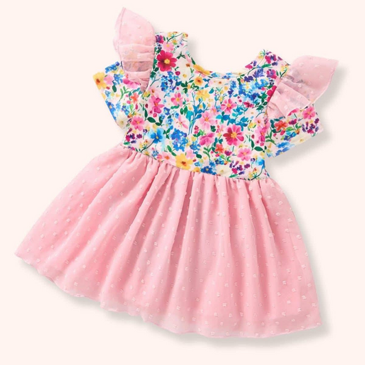 ( Moq 5 ) Preorder Baby Girls Short Sleeves Floral Pink Tulle Knee Length Dress