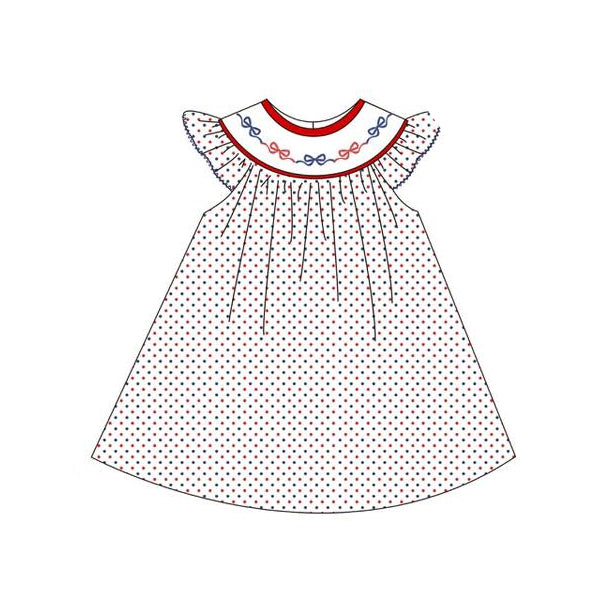 ( Moq 5 ) Preorder Baby Girls Short Sleeves Red Blue Bows Dots 4th of July Dress