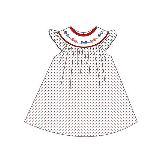 ( Moq 5 ) Preorder Baby Girls Short Sleeves Red Blue Bows Dots 4th of July Dress