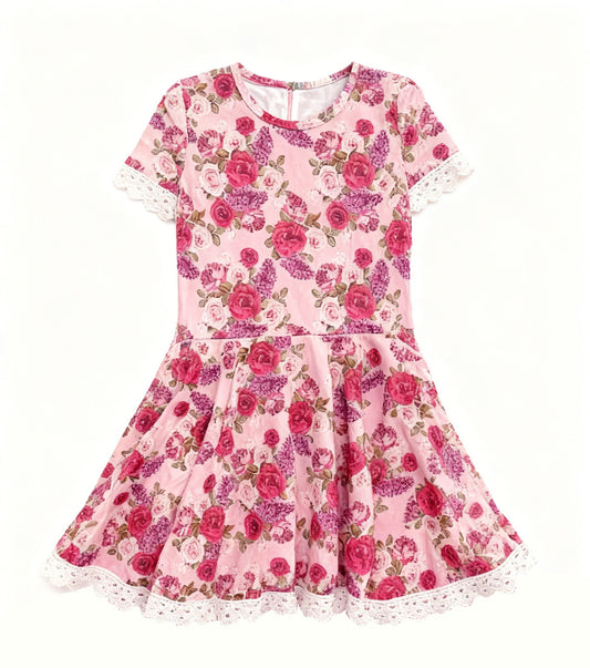( Moq 5 ) Preorder Baby Girls Flower Short Sleeves Pink Valentine Knee Length Dress