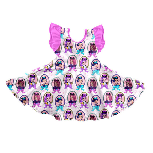 ( Moq 5 ) Preorder Baby Girls Pink Short Sleeves Music Character Bows Twirl Knee Length Dress