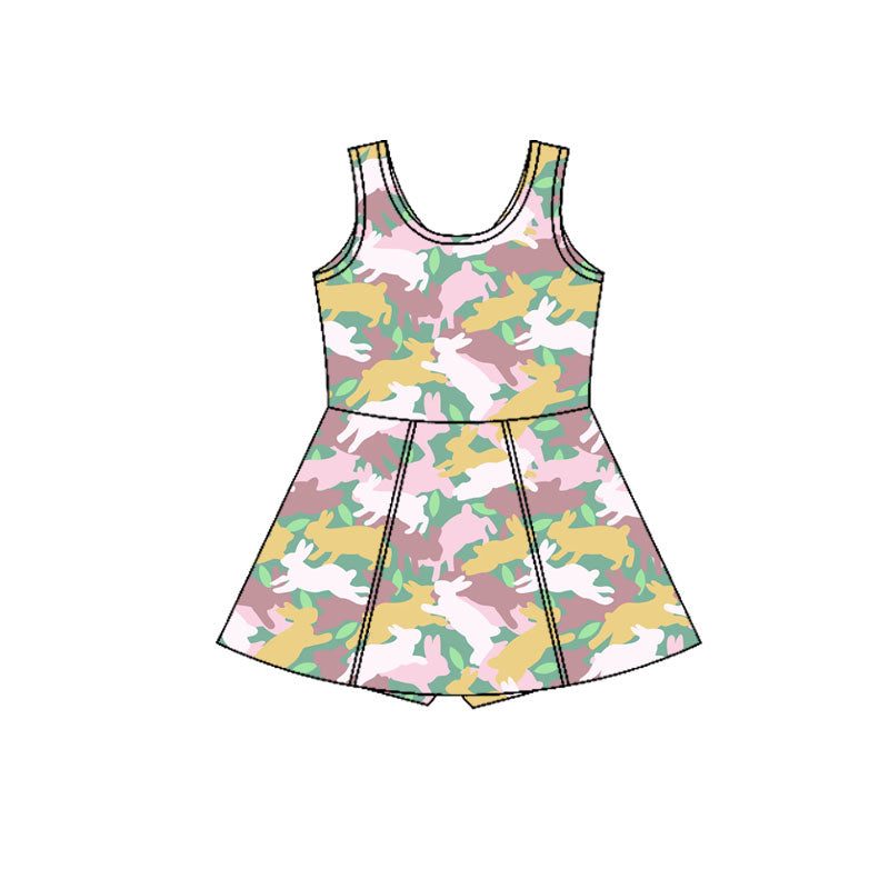 ( Moq 5 ) Preorder Baby Girls Sleeveless Rabbits Camo Easter Shorts Yoga Dress