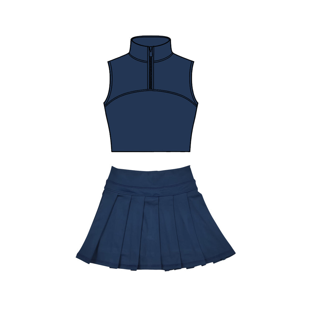 ( Moq 5 ) Preorder Baby Girls Navy Sleeveless Zipper Tank Tops Skirt Shorts Yoga Clothes Set