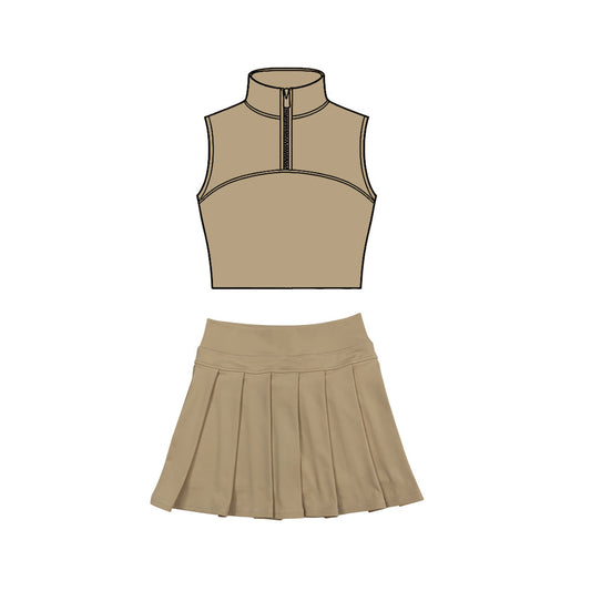( Moq 5 ) Preorder Baby Girls Brown Sleeveless Zipper Tank Tops Skirt Shorts Yoga Clothes Set