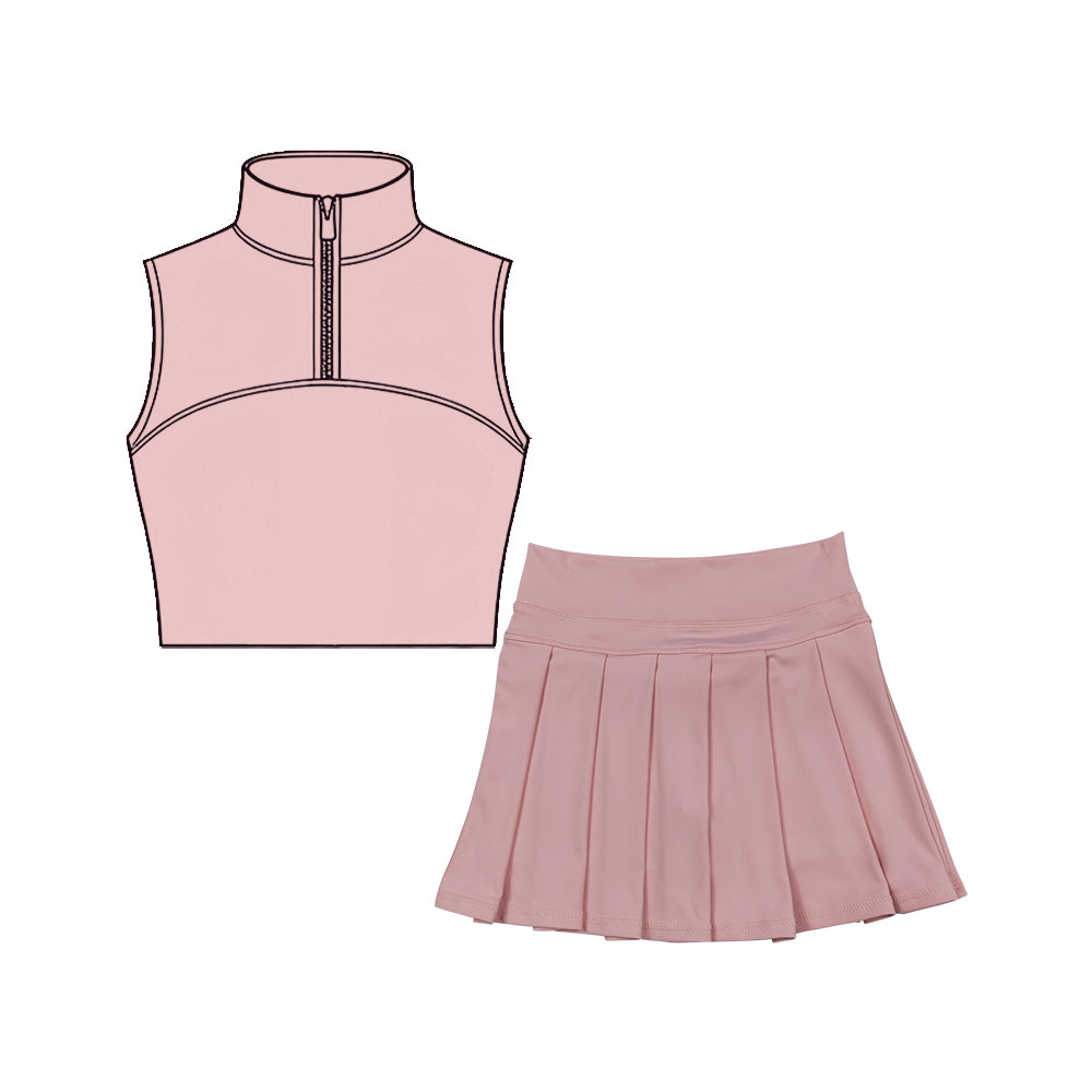 ( Moq 5 ) Preorder Baby Girls Sleeveless Zipper Pink Tank Tops Skirt Shorts Yoga Clothes Set