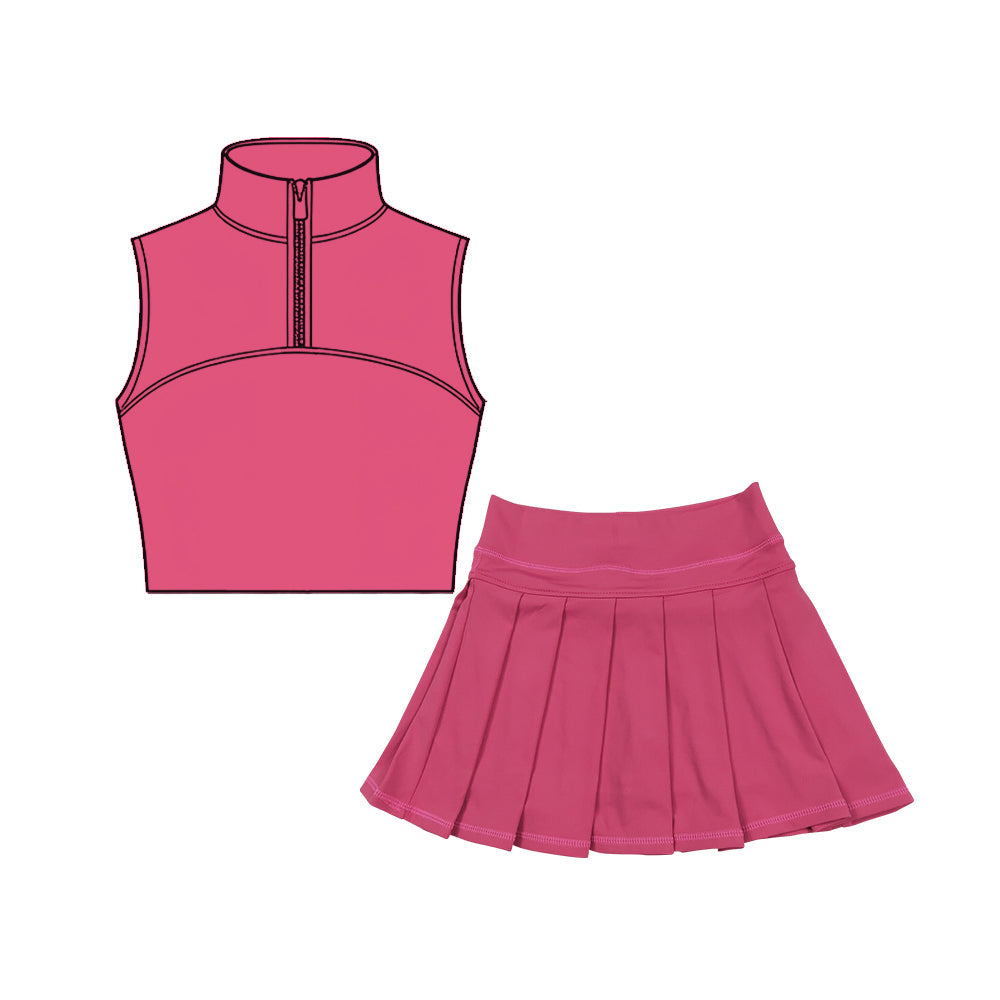 ( Moq 5 ) Preorder Baby Girls Sleeveless Zipper Hot Pink Tank Tops Skirt Shorts Yoga Clothes Set