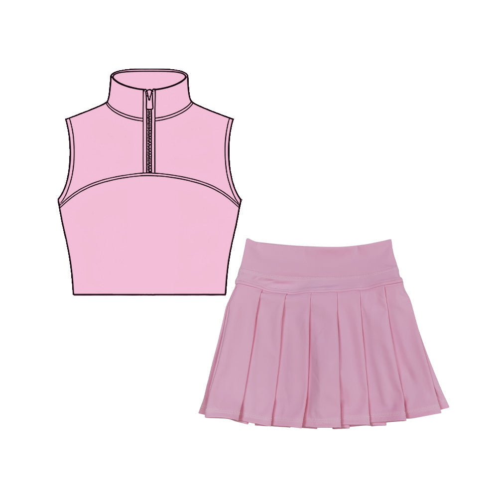 ( Moq 5 ) Preorder Baby Girls Sleeveless Zipper Tank Tops Pink Skirt Shorts Yoga Clothes Set