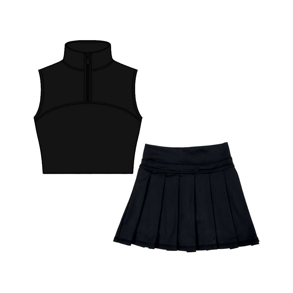 ( Moq 5 ) Preorder Baby Girls Black Sleeveless Zipper Tank Tops Skirt Shorts Yoga Clothes Set
