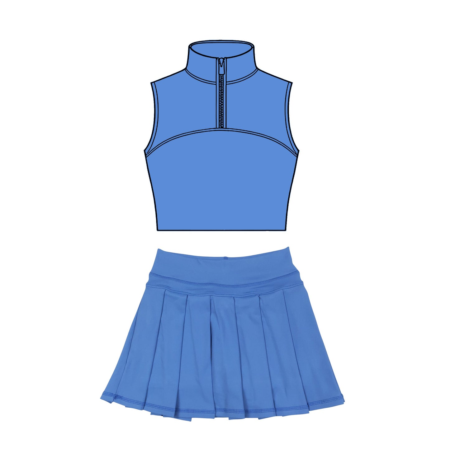 ( Moq 5 ) Preorder Baby Girls Sleeveless Zipper Tank Tops Blue Skirt Shorts Yoga Clothes Set