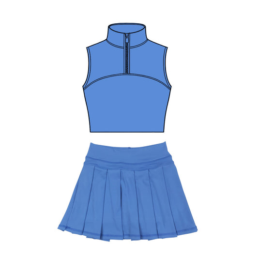 ( Moq 5 ) Preorder Baby Girls Sleeveless Zipper Tank Tops Blue Skirt Shorts Yoga Clothes Set