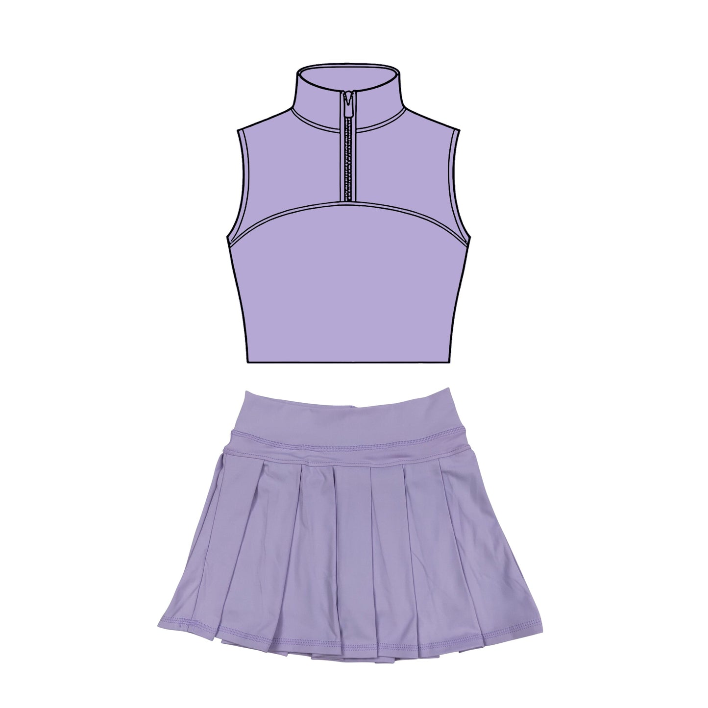 ( Moq 5 ) Preorder Baby Girls Lavender Sleeveless Zipper Tank Tops Skirt Shorts Yoga Clothes Set