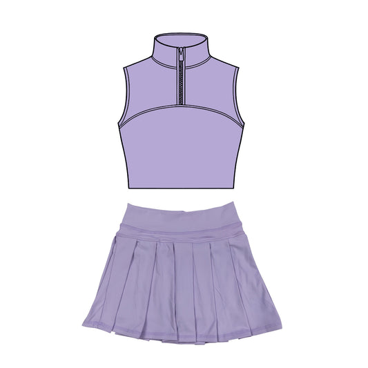( Moq 5 ) Preorder Baby Girls Lavender Sleeveless Zipper Tank Tops Skirt Shorts Yoga Clothes Set