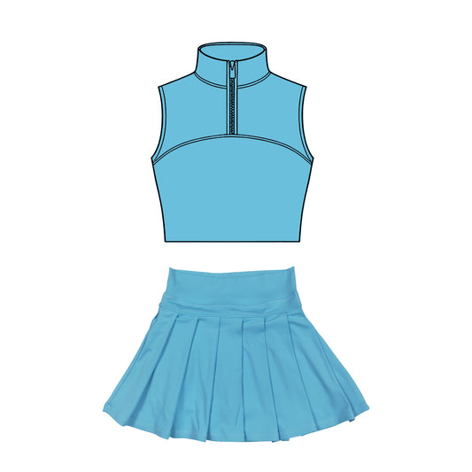 ( Moq 5 ) Preorder Baby Girls Blue Sleeveless Zipper Tank Tops Skirt Shorts Yoga Set