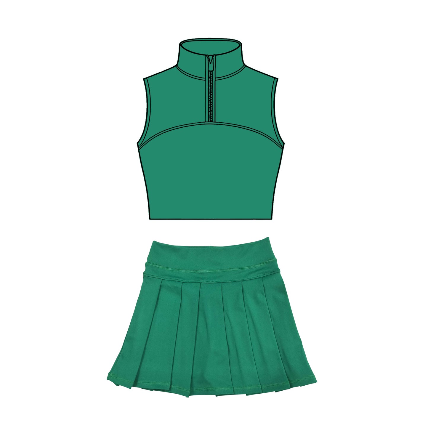 ( Moq 5 ) Preorder Baby Girls Sleeveless Zipper Tank Tops Green Skirt Shorts Yoga Clothes Set