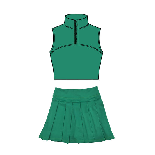 ( Moq 5 ) Preorder Baby Girls Sleeveless Zipper Tank Tops Green Skirt Shorts Yoga Clothes Set