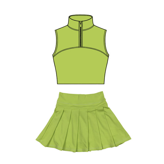 ( Moq 5 ) Preorder Baby Girls Green Sleeveless Zipper Tank Tops Skirt Shorts Yoga Clothes Set