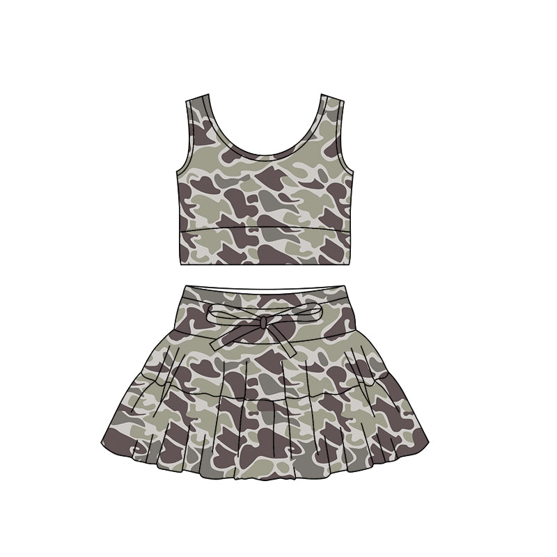 ( Moq 5 ) Preorder Baby Girls Sleeveless Dark Grey Camo Tops Ruffle Skirt Shorts Yoga Set