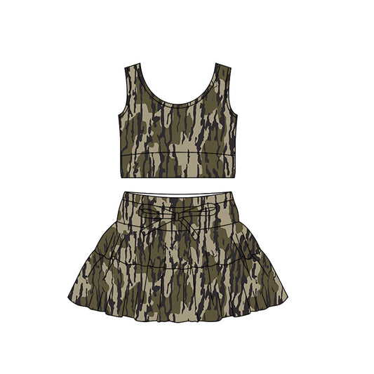 ( Moq 5 ) Preorder Baby Girls Sleeveless Camo Tops Ruffle Skirt Shorts Yoga Set