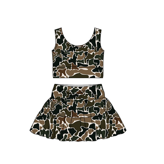 ( Moq 5 ) Preorder Baby Girls Sleeveless Brown Green Camo Tops Ruffle Skirt Shorts Yoga Set