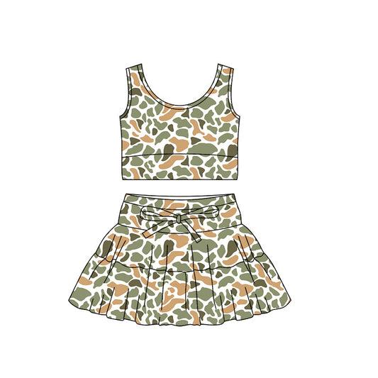 ( Moq 5 ) Preorder Baby Girls Sleeveless Orange Green Camo Tops Ruffle Skirt Shorts Yoga Set