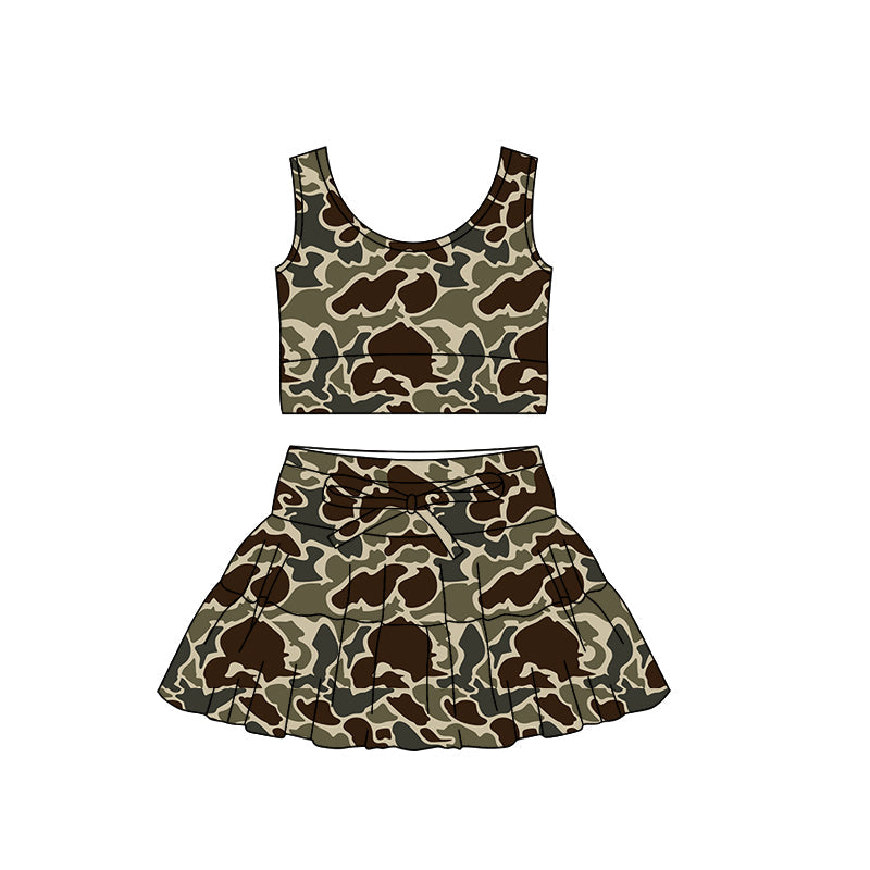 ( Moq 5 ) Preorder Baby Girls Sleeveless Dark Green Camo Tops Ruffle Skirt Shorts Yoga Set