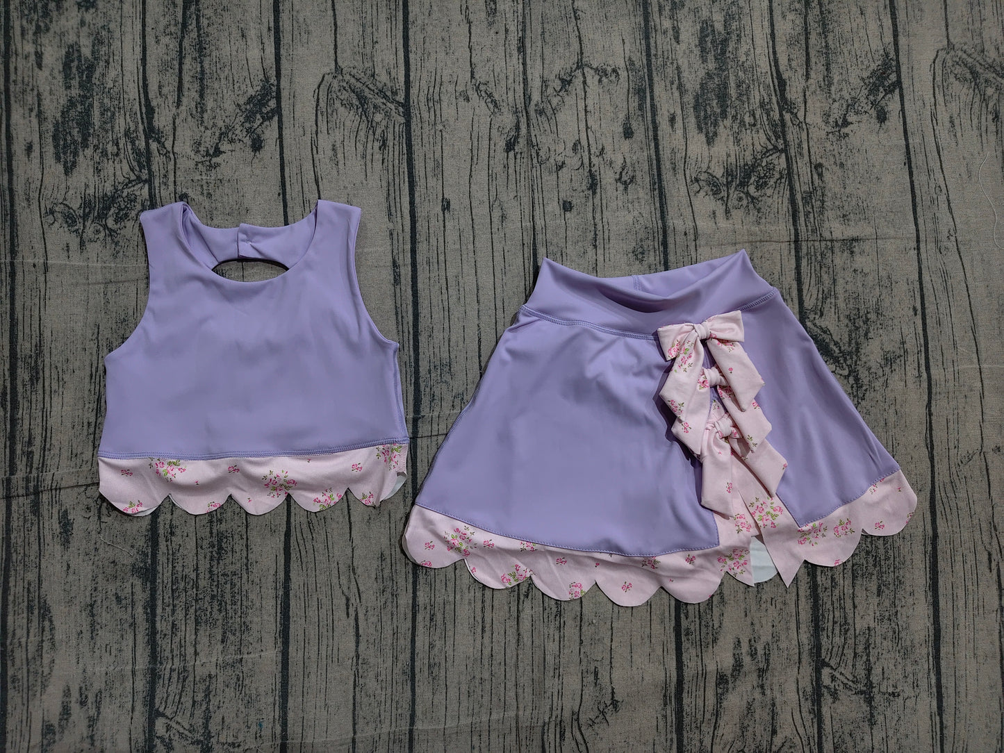 ( No moq ) Preorder Baby Girls Purple Sleeveless Tops Bows Skirt Shorts Yoga Clothes Set