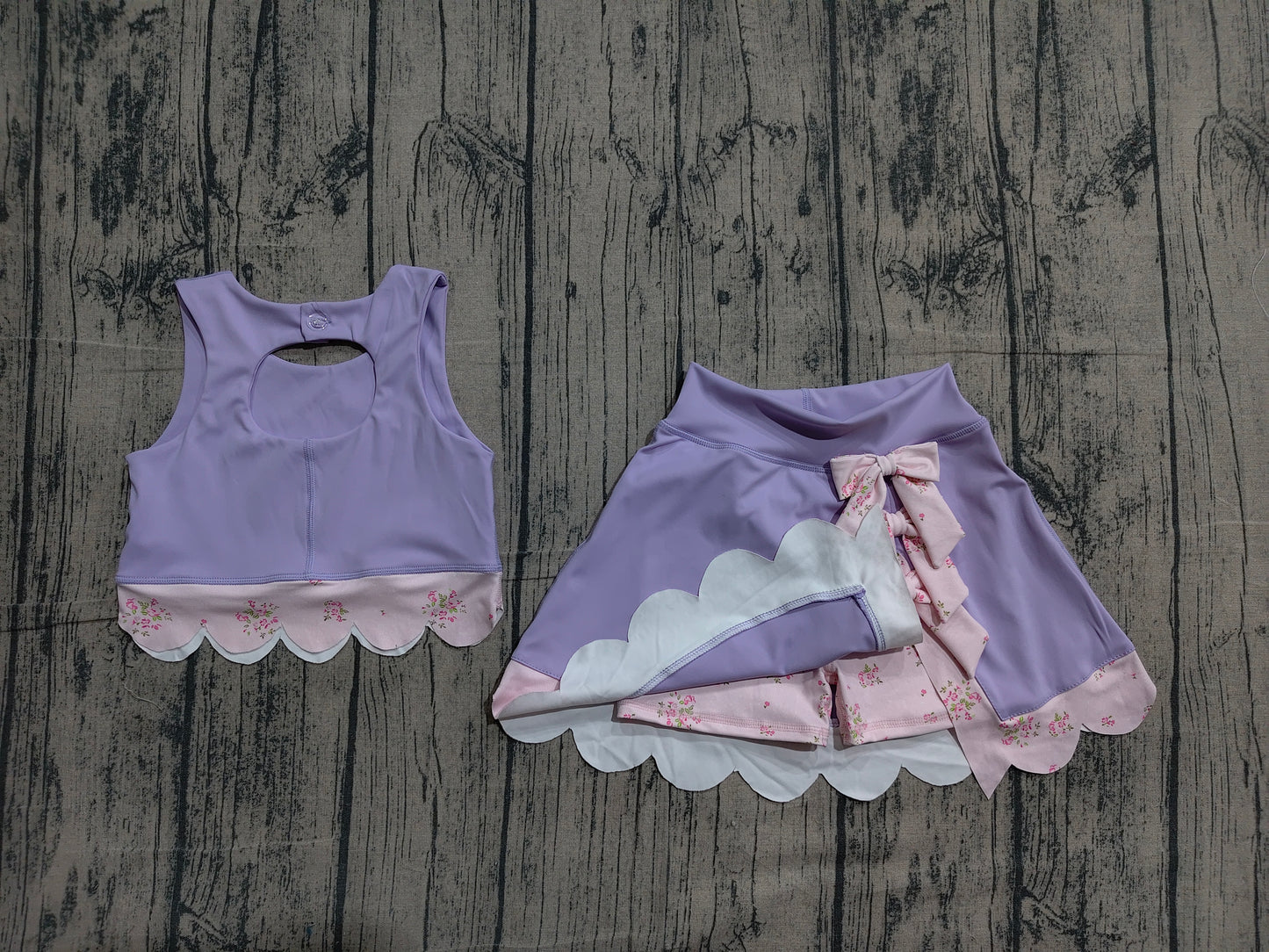 ( No moq ) Preorder Baby Girls Purple Sleeveless Tops Bows Skirt Shorts Yoga Clothes Set