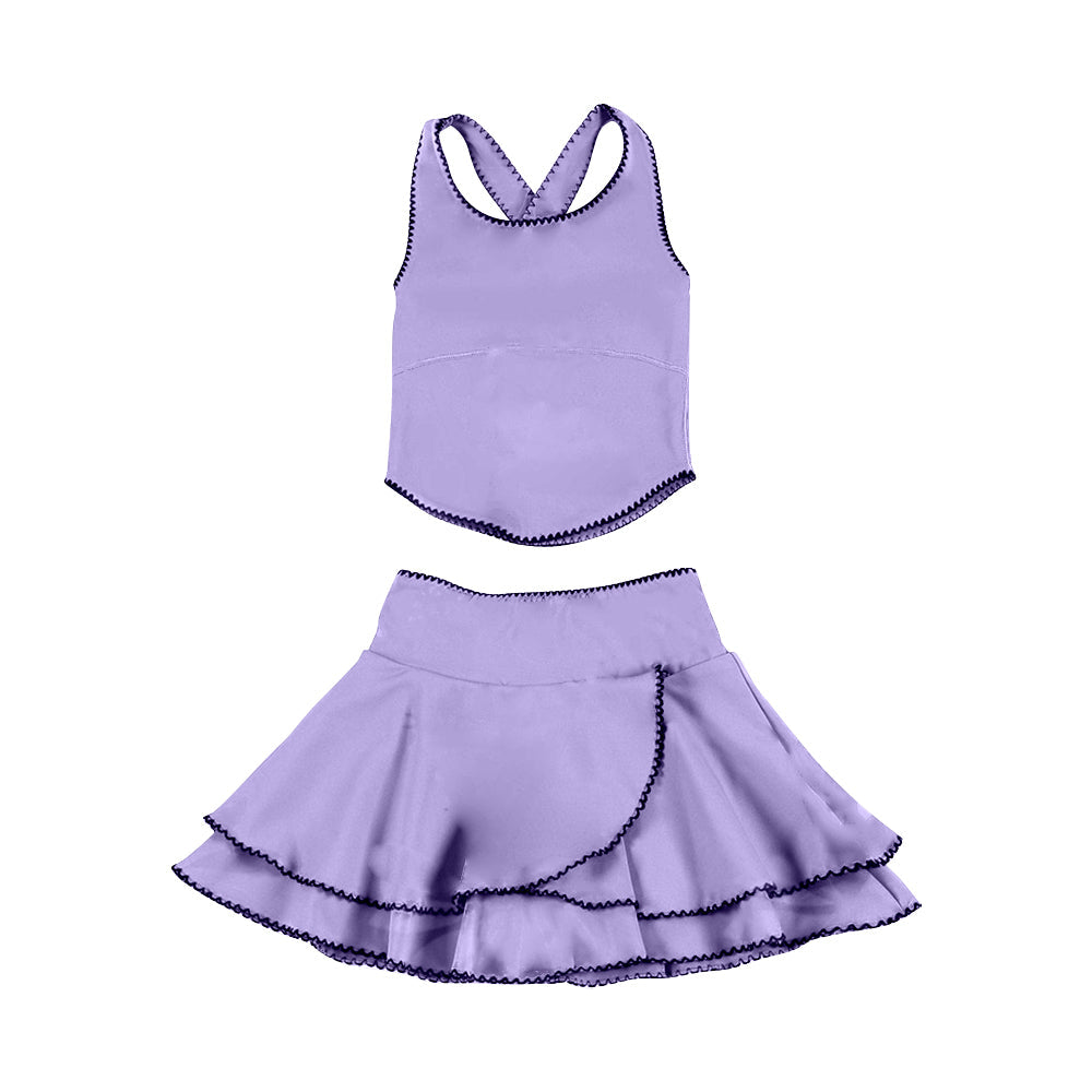 ( Moq 5 ) Preorder Baby Girls Purple Straps Tops Ruffle Skirt Shorts Yoga Clothes Set