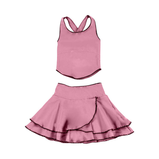 ( Moq 5 ) Preorder Baby Girls Pink Straps Tops Ruffle Skirt Shorts Yoga Clothes Set