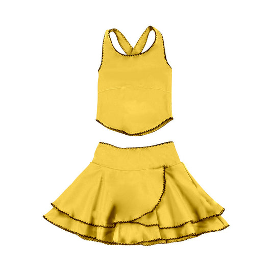 ( Moq 5 ) Preorder Baby Girls Yellow Straps Tops Ruffle Skirt Shorts Yoga Clothes Set