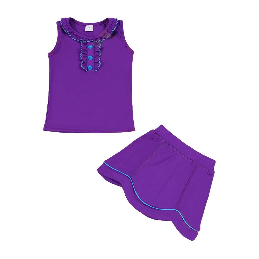 ( Moq 5 ) Preorder Baby Girls Sleeveless Buttons Ruffle Tops Skirt Shorts Yoga Purple Clothes Set