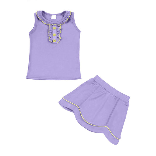 ( Moq 5 ) Preorder Baby Girls Purple Sleeveless Buttons Ruffle Tops Skirt Shorts Yoga Clothes Set
