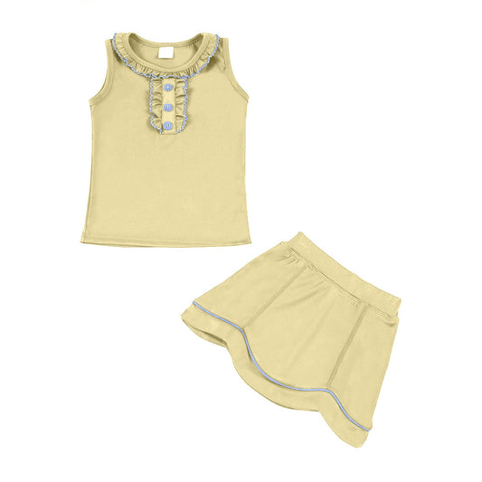 ( Moq 5 ) Preorder Baby Girls Yellow Sleeveless Buttons Ruffle Tops Skirt Shorts Yoga Clothes Set