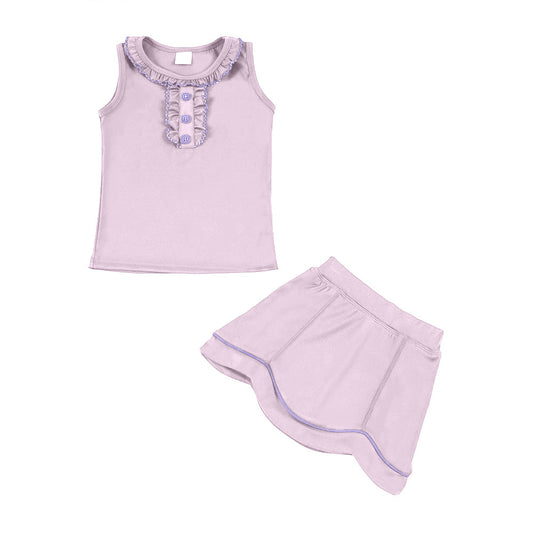 ( Moq 5 ) Preorder Baby Girls Blue Sleeveless Buttons Ruffle Tops Skirt Shorts Yoga Pink Clothes Set