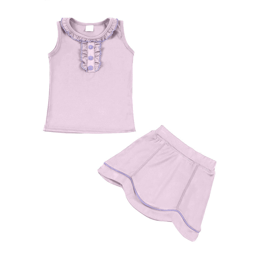 ( Moq 5 ) Preorder Baby Girls Blue Sleeveless Buttons Ruffle Tops Skirt Shorts Yoga Pink Clothes Set