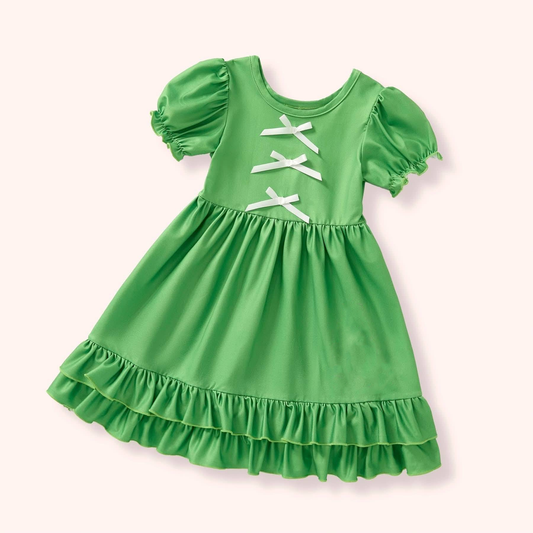 ( Moq 5 ) Preorder Baby Girls Green Short Sleeves Bows Ruffle Knee Length Dress