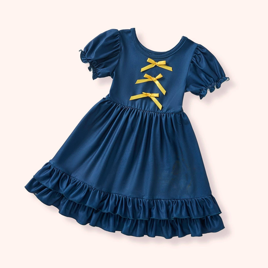 ( Moq 5 ) Preorder Baby Girls Blue Short Sleeves Bows Ruffle Knee Length Dress
