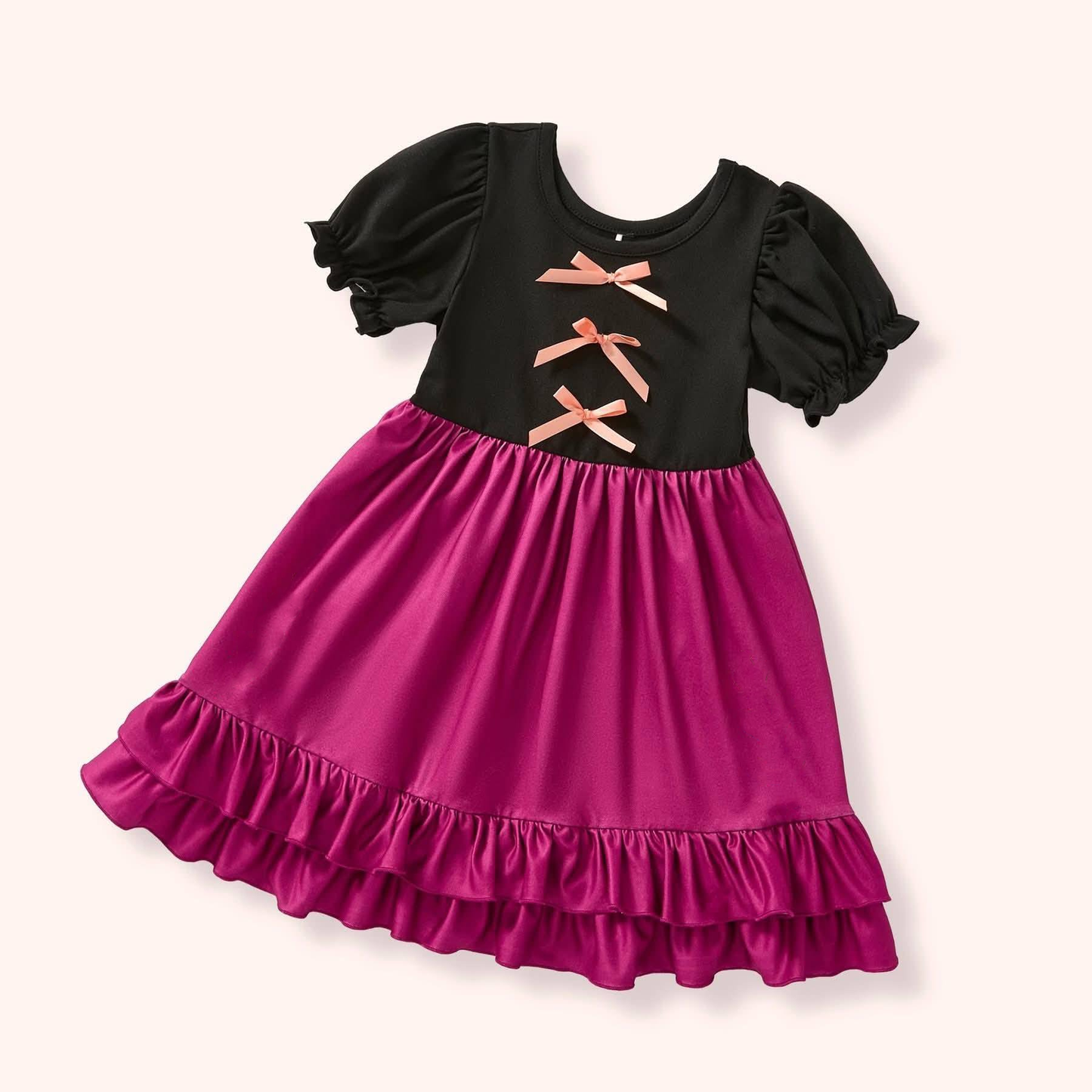 ( Moq 5 ) Preorder Baby Girls Black Short Sleeves Bows Pink Ruffle Knee Length Dress