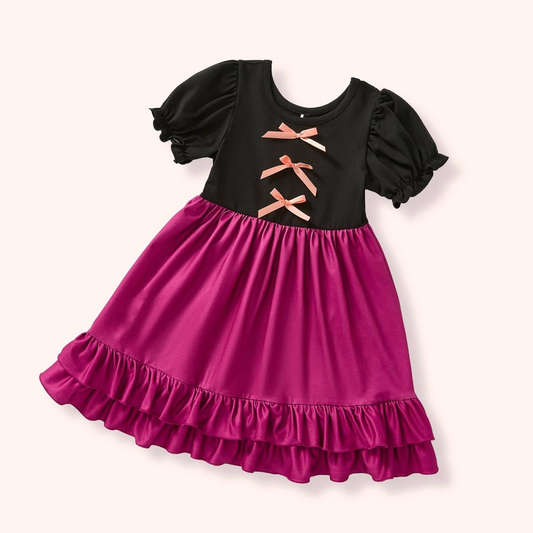 ( Moq 5 ) Preorder Baby Girls Black Short Sleeves Bows Pink Ruffle Knee Length Dress