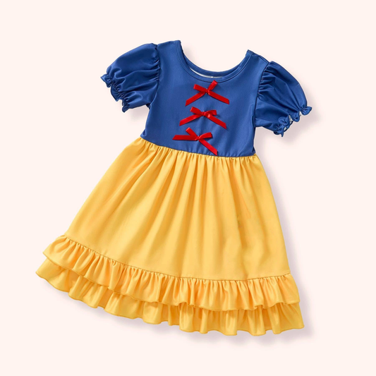 ( Moq 5 ) Preorder Baby Girls Blue Short Sleeves Bows Yellow Ruffle Knee Length Dress
